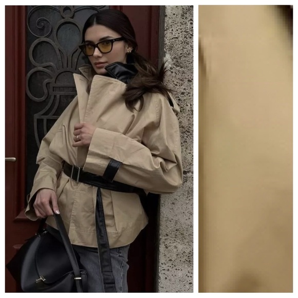 NWT. Zara Light Camel Gabardine Cropped Contrasting Trench Coat. Size XS-S. - Picture 1 of 10